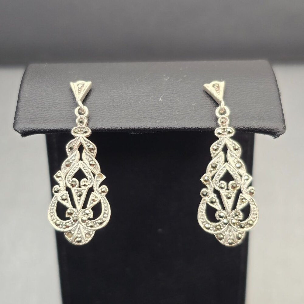 VTG Sterling Silver Marcasite Filigree Drop Earrings 1.5" Art Deco Signed SU